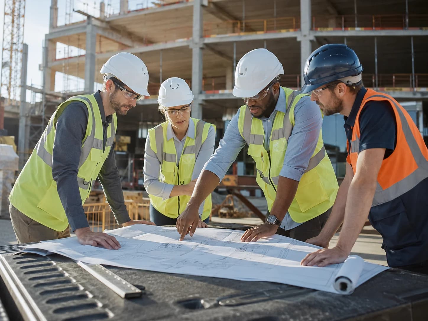 A team of four in hard hats and safety vests reviewing construction blueprints together on site.