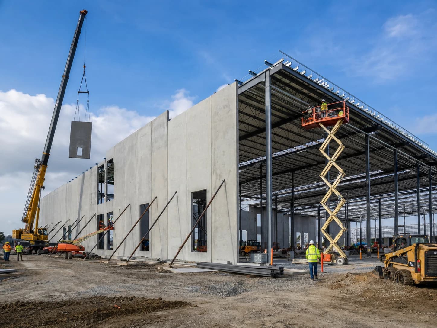 A precast concrete industrial building under construction, with a crane placing a wall panel and a crew on a scissor lift.