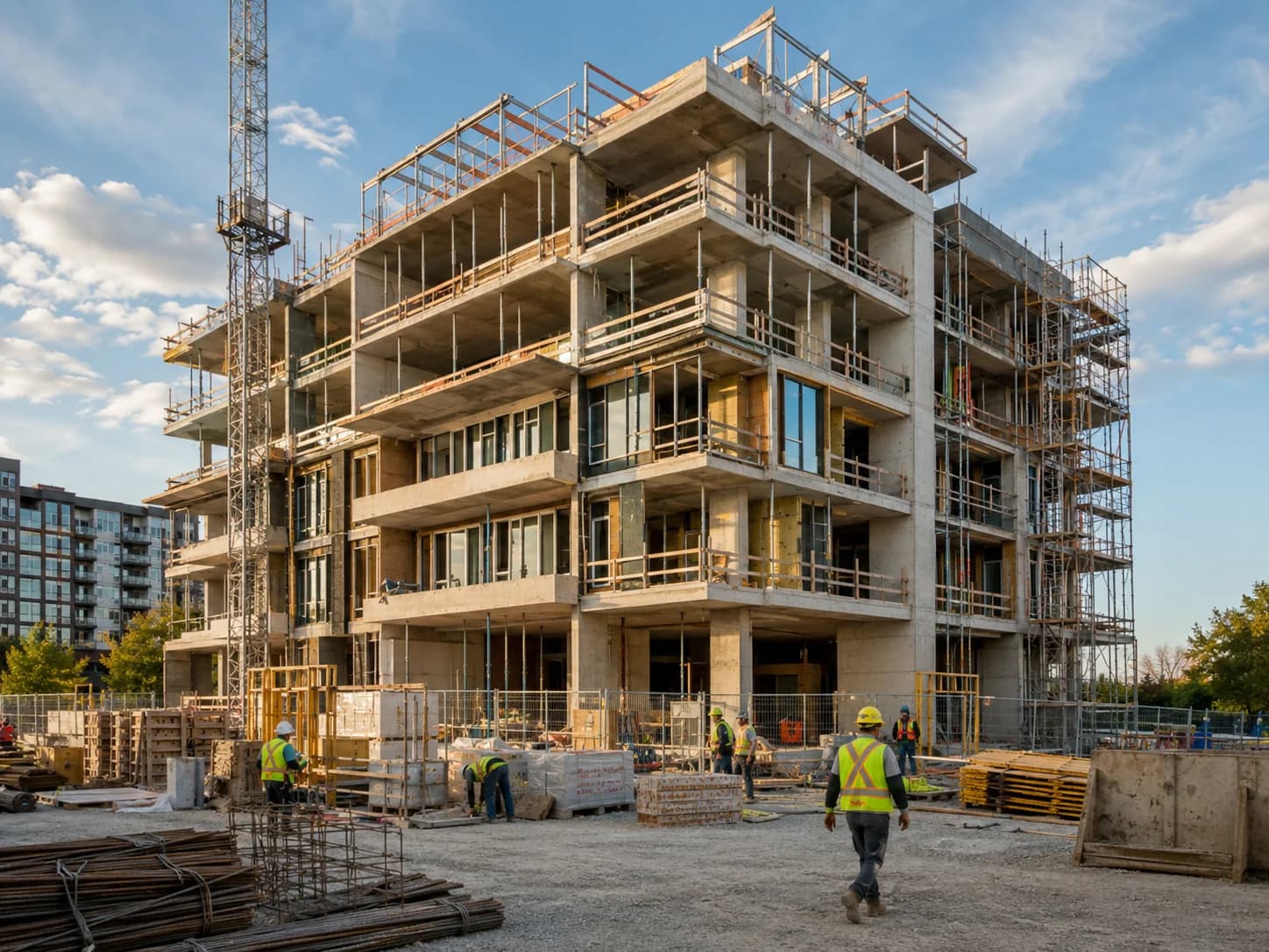 A mid-rise residential building under construction, with concrete floor slabs, balconies, and scaffolding in place.