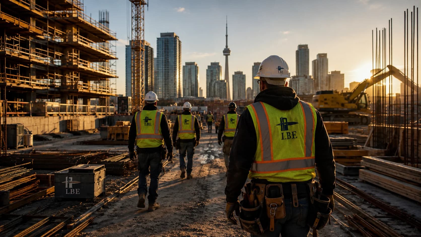 LBE Contracting crew members walking a downtown Toronto construction site at sunset, with the CN Tower and city skyline behind them.