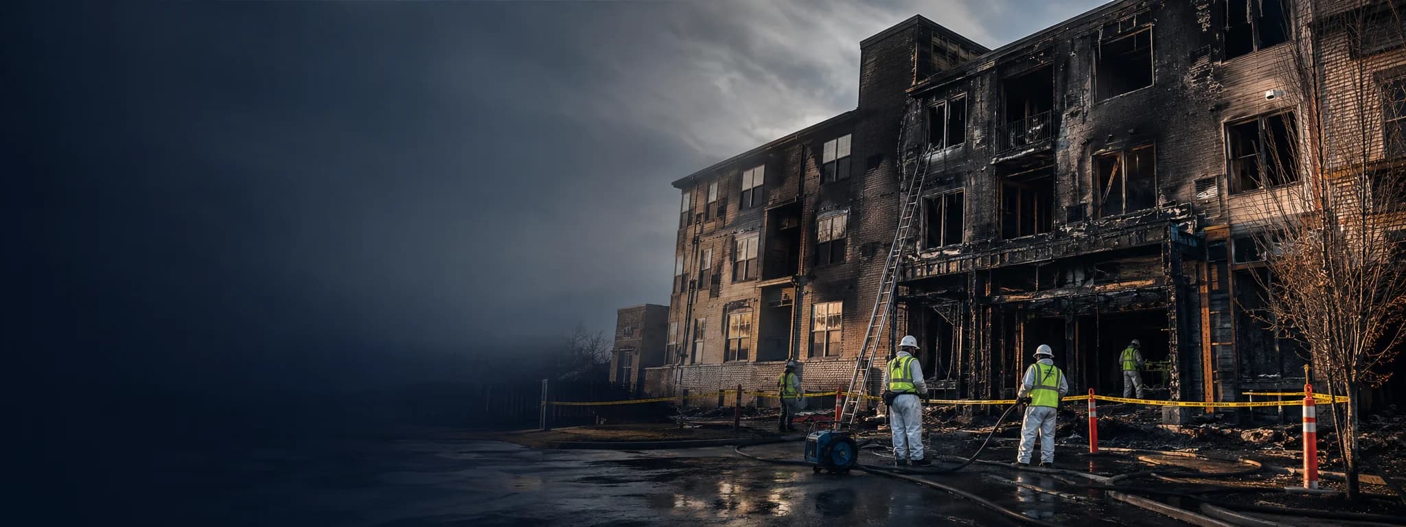 A fire-damaged multi-storey brick building at dusk, its upper floors burnt out, with a restoration crew in hard hats and high-visibility vests working behind safety barriers at street level.
