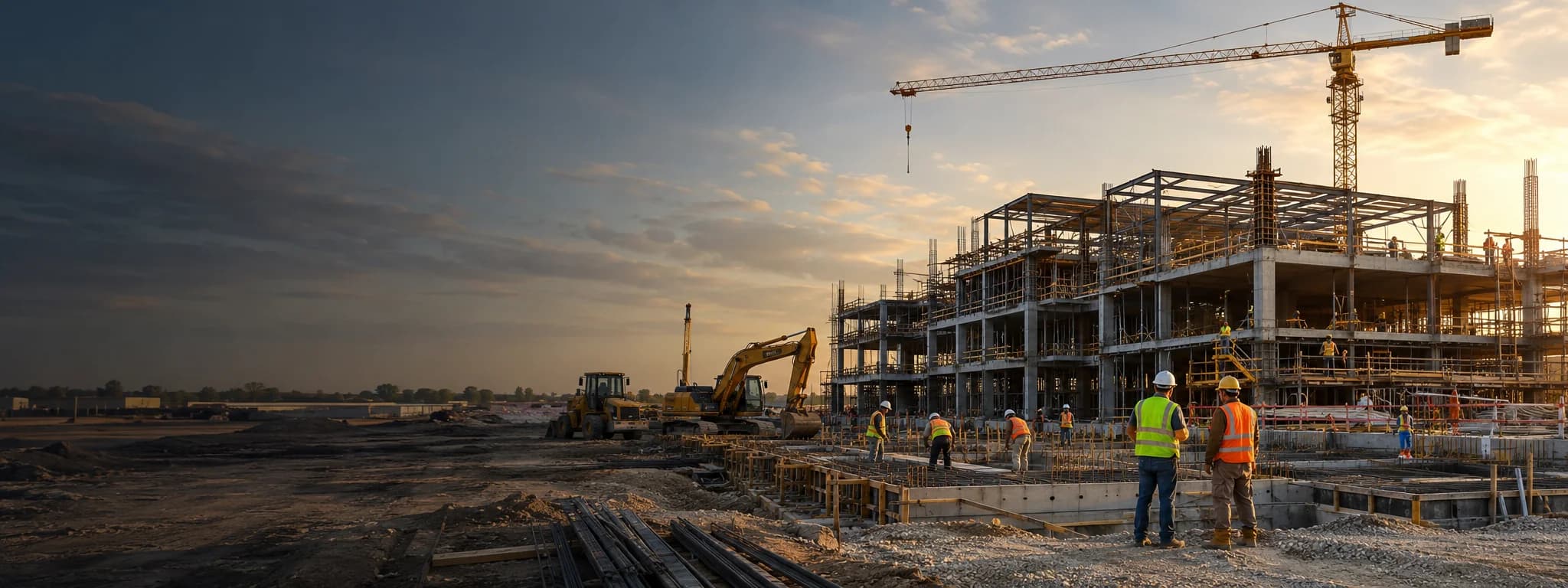 A commercial building under construction at sunrise, with a tower crane and crew working on site.