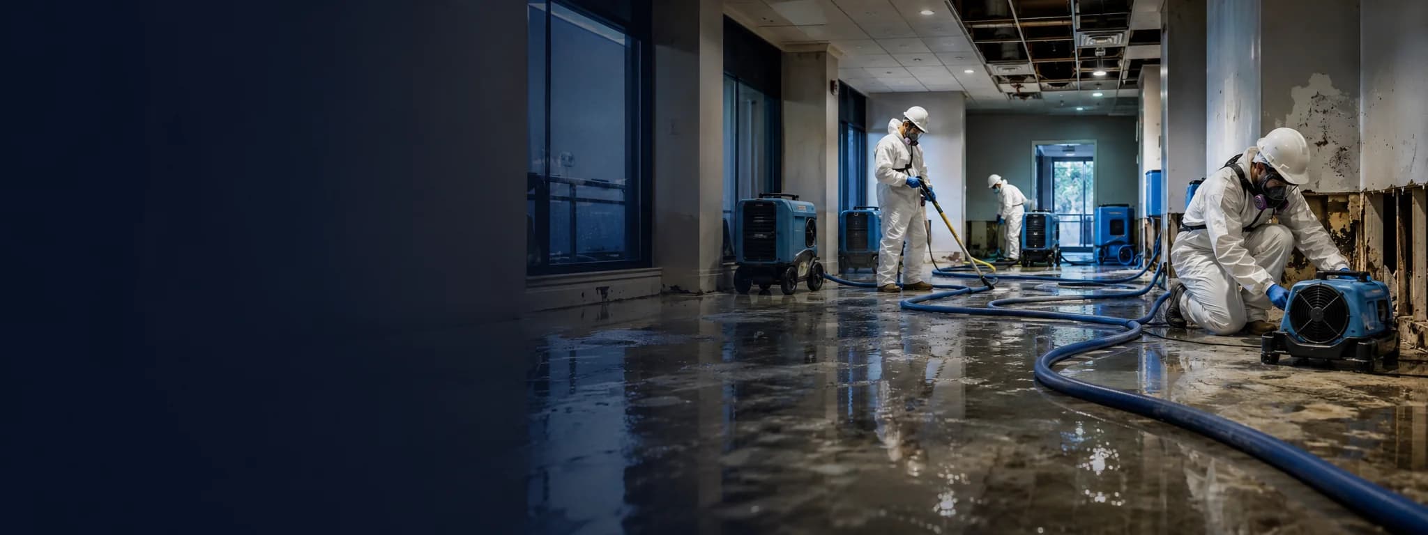 A flooded commercial corridor with standing water across the floor, being dried by a crew in white protective suits and respirators using extraction wands, air movers, and dehumidifiers.