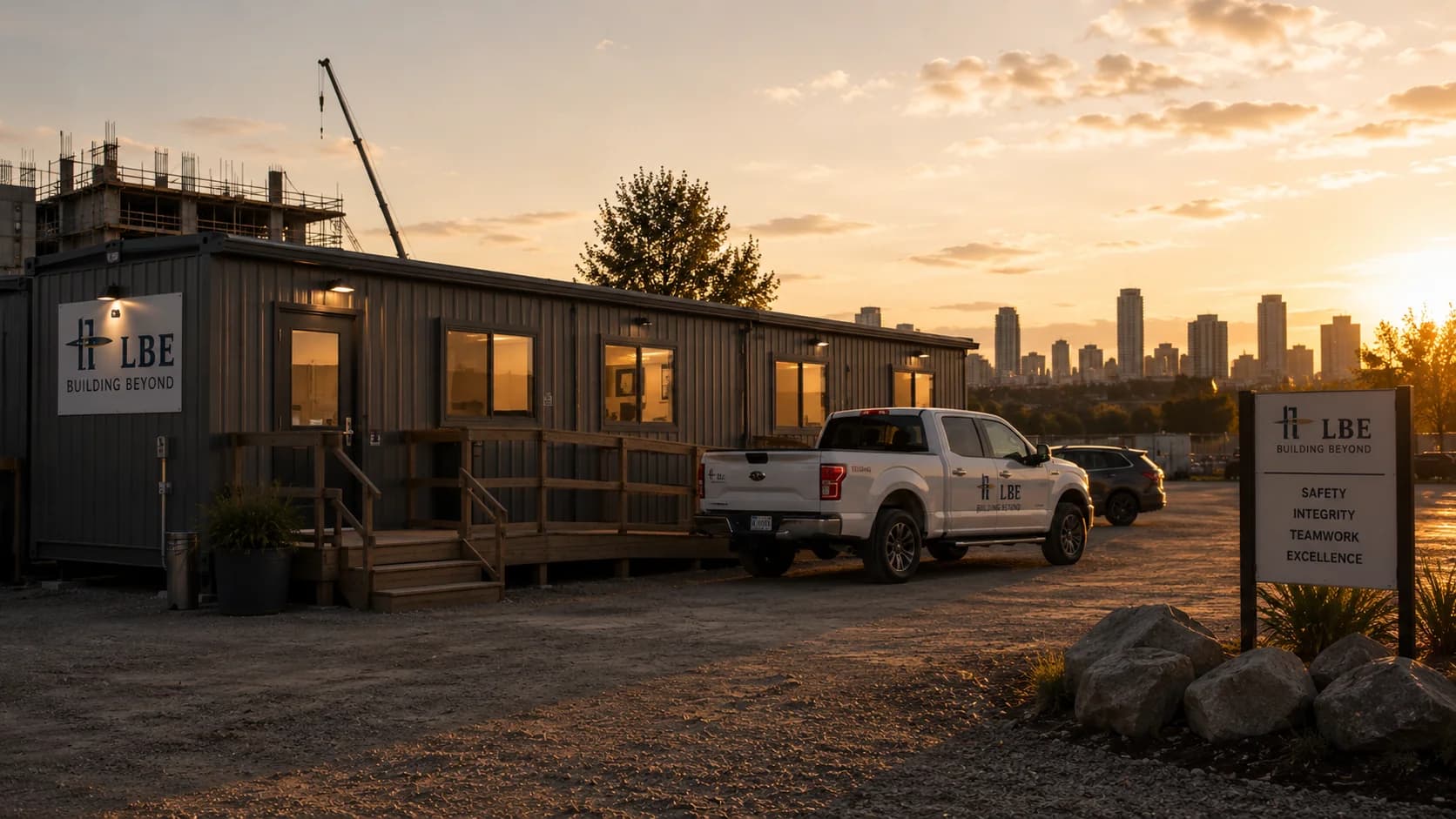 LBE Contracting's site office trailer at sunset, with a branded company truck parked outside and the city skyline in the distance.