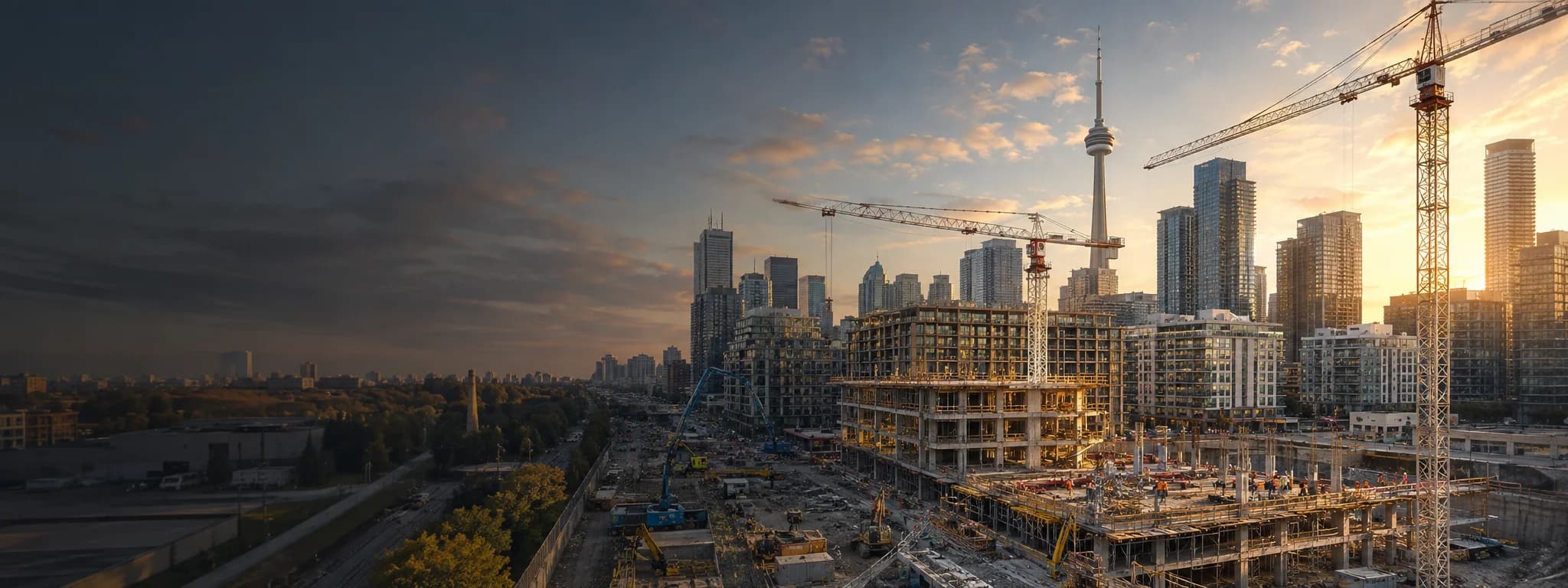 Aerial view of a high-rise construction site in downtown Toronto at dusk, with the CN Tower and skyline in the background.
